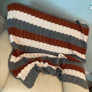 Handmade Crochet Throw Earth Tones, Homemade Knitted Comfy Striped Throw Afghan